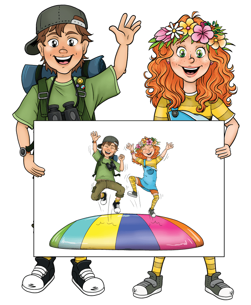 Camping de klimberg jongen en meisje met bord 1 springkussen